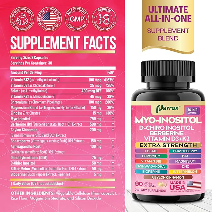 Myo-Inositol Supplement with D-Chiro Inositol DIM Berberine Vitamin D3 + K2 Methylated B12 Chromium Ceylon Cinnamon Zinc Ashwagandha Chasteberry Magnesium Bioperine Bitter Melon (2 Pack)