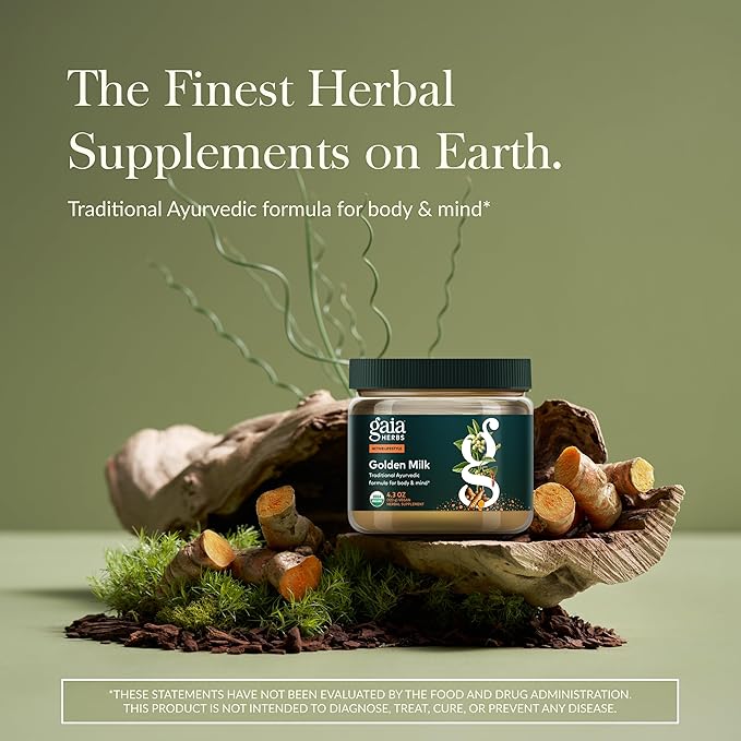 Gaia Herbs Golden Milk - Traditional Relaxation Support Supplement Powder with Organic Turmeric Black Pepper Ashwagandha Cardamom &amp More for an Ayurvedic Cup of Calm* - 4.3 Oz (About 35 Serving