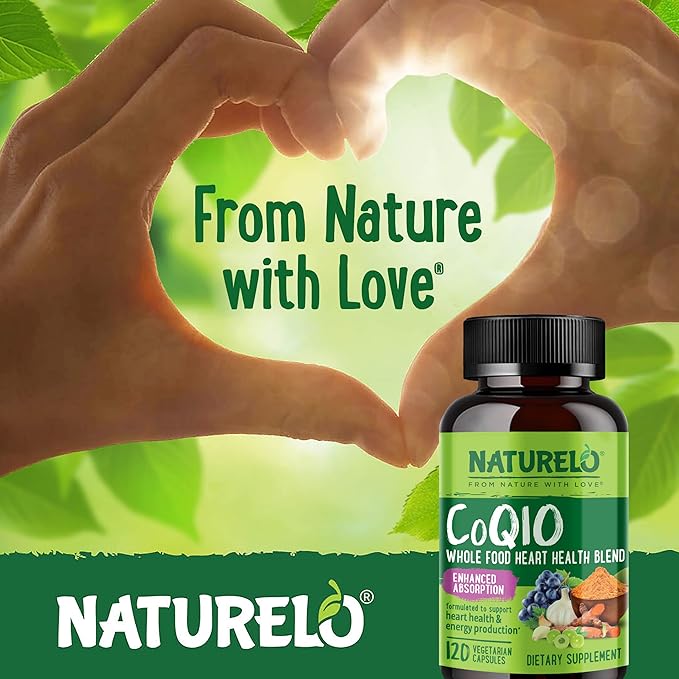 NATURELO Whole Food CoQ10 Supplement 120 Veg Capsules Heart Health Blend Powerful Antioxidant CoQ10 100mg Supports Energy Production