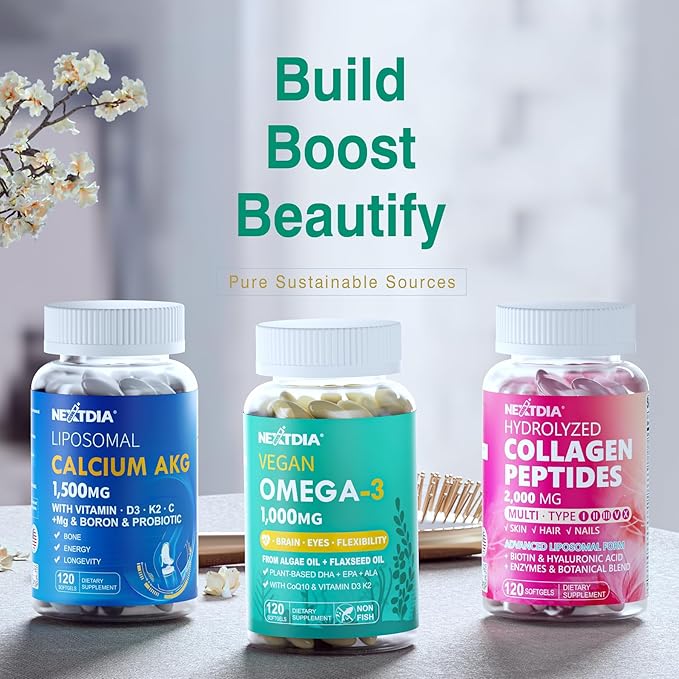 Vegan Omega 3 EPA DHA ALA Supplement + CoQ10 Vitamin D3 K2 (MK7) for Women Men | 1000mg Algae Oil as Fish Oil Alternative | Plant Based Omega 3 Mini Softgels for Bone Brain Eye Skin | 120 Pills