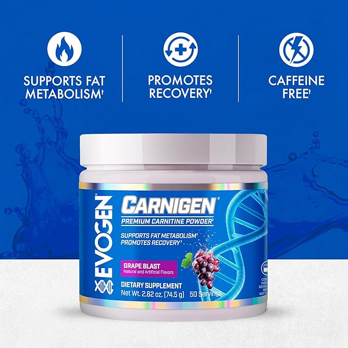 Evogen Carnigen - Premium Carnitine Powder | Supports Fat Metabolism &amp Promotes Recovery | Stimulant-Free L Carnitine Supplement Matrix with Acetyl L-Carnitine | Grape | 50 Servings