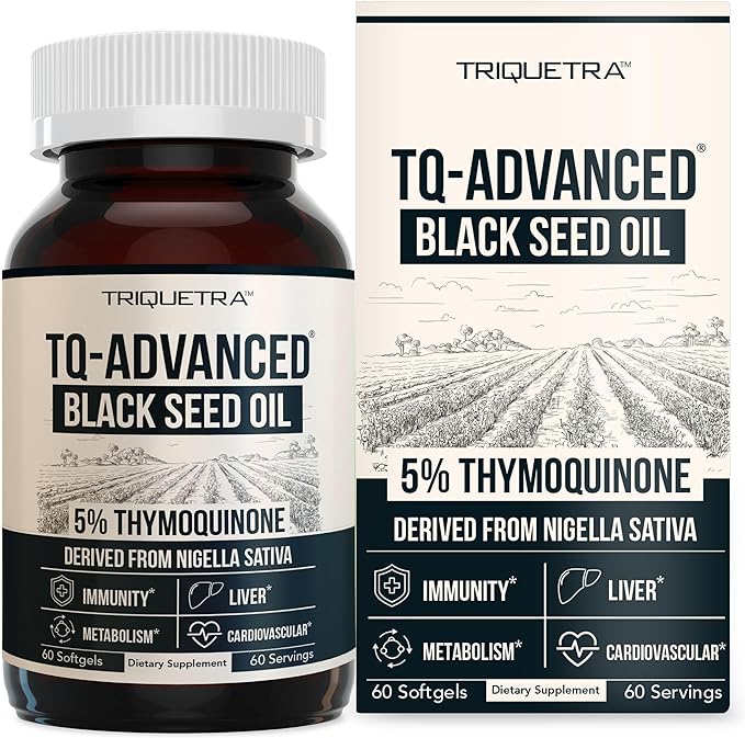 Black Seed Oil Softgels | 5% Thymoquinone - TQ-Advanced® | High Potency - 500 mg per Capsule - 15:1 Concentrate from Nigella Sativa Extract Raw Form Vegan Formula Glass Bottle (60 Softgels)