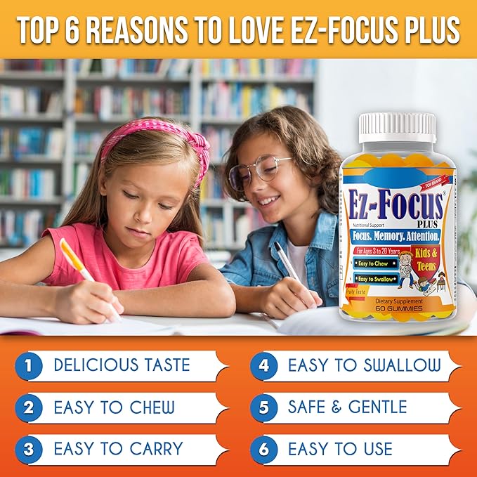 Plus Brain Booster Omega 3 Kids Focus and Attention Supplements for Cognitive Health Support Memory Mental Clarity Concentration for Children and Teens - Fruity Flavor Vitamins 60 Count