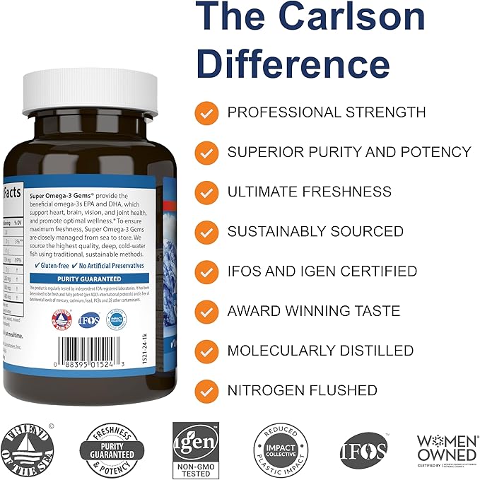 Carlson - Super Omega-3 Gems 1200 mg Omega-3 Fatty Acids with EPA and DHA Wild-Caught Norwegian Supplement Sustainably Sourced Fish Oil Capsules Omega 3 Supplements 100+30 Softgels