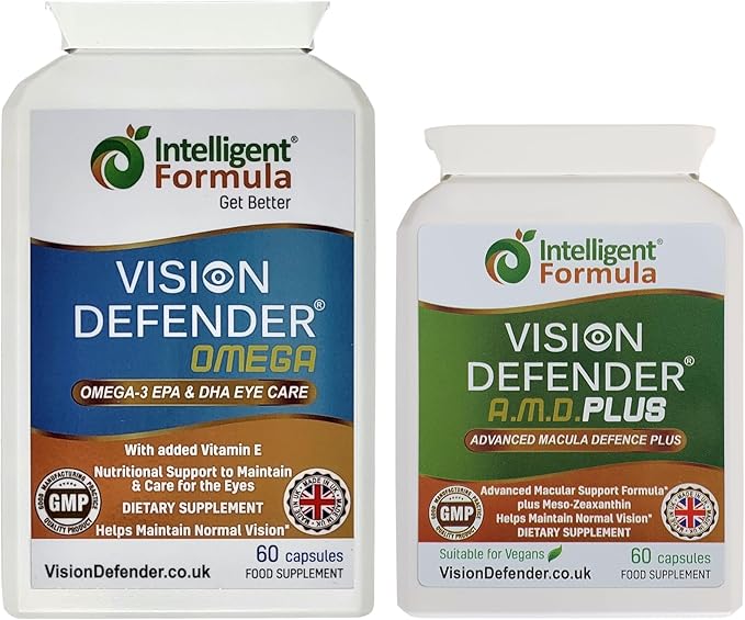 Vision Defender Plus &amp Omega Eye Bundle – Eye Supplements with AREDS2 (Lutein Zeaxanthin Vitamin C &amp E Copper Zinc) Meso-Zeaxanthin Omega-3 Fish Oil (EPA DHA). Made in UK