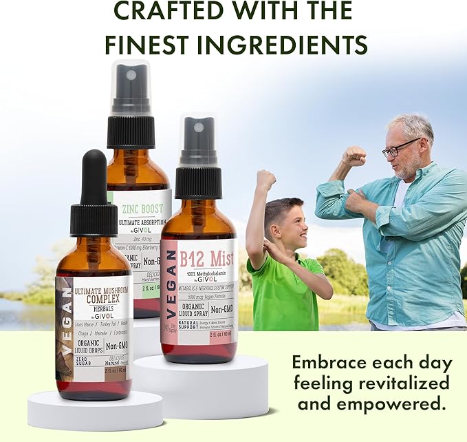 Cognitive Wellness Bundle Liquid Vitamin Trio: Methylcobalamin B12 Lions Mane Reishi Chaga Mushroom Complex &amp Zinc Picolinate: Gluten-Free Sugar-Free Non-GMO - 360 Days Supply