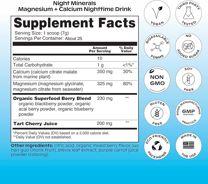 wholier Magnesium Glycinate Tart Cherry Juice Chelated Calcium. Calming Nighttime Drink. Natural Support for Sleep Stress + Relaxation. Night Minerals. (About 25 Servings)