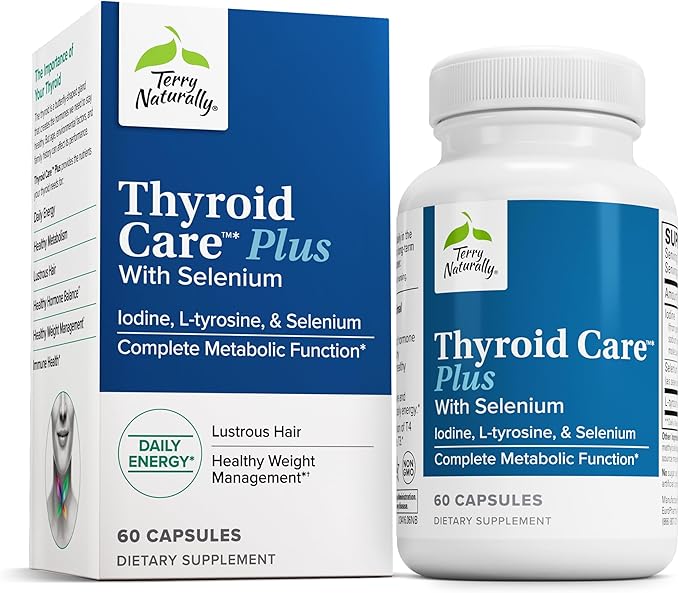 Terry Naturally Thyroid Care Plus - Iodine + L-Tyrosine 60 Capsules - Thyroid Support Supplement with Selenium Promotes Energy &amp Metabolism - Non-GMO Gluten-Free Kosher - 30 Servings