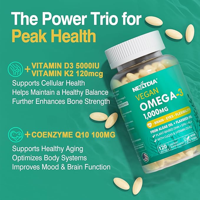 2 Pack Vegan Omega 3 D3 K2 CoQ10 Supplement Plant Based DHA EPA ALA for Women Men Omega 3 Organic Algae Flaxseed Oil Supplement for Bone Brain Eye &amp Immune Support No Carrageenan 240 Softgel