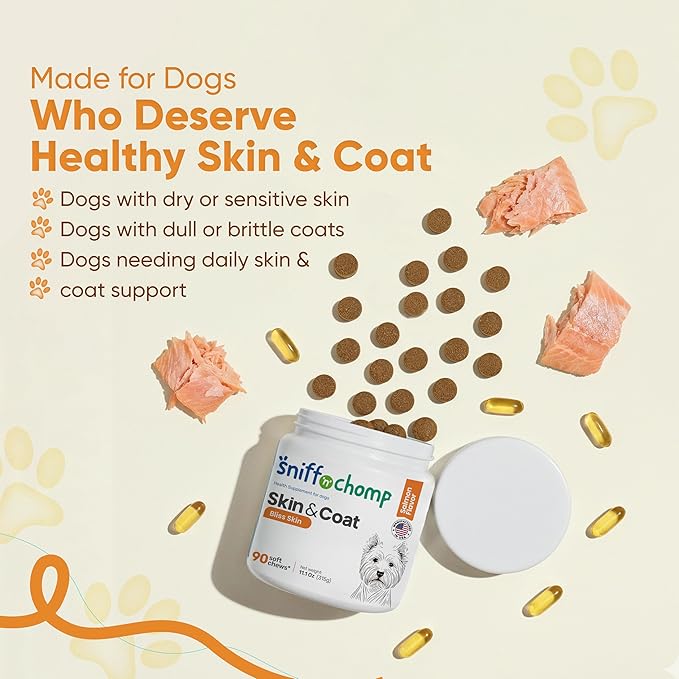 SNIFF N CHOMP Omega 3 for Dogs Chews Skin and Coat Supplement for Dogs Omega 6 Fish Oil Formula Itchy Dry Skin Relief Healthy Coat Shine Support All Breeds | 90 Soft Chews