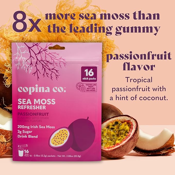 Organic Irish Sea Moss Powder 200mg Packets for Gut Health and Immune Support - Passionfruit Flavored Seamoss Drink with Coconut Water for Hydration Muscle Recovery - 16 Stick Packs