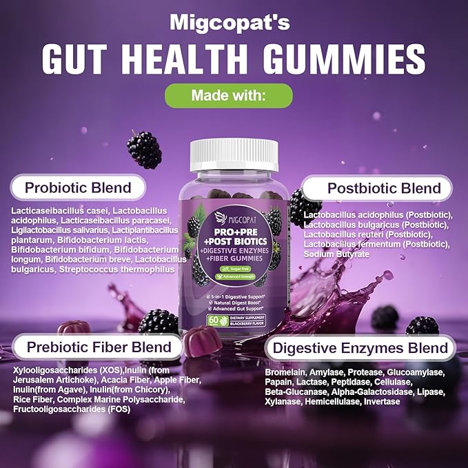 Pre Post Probiotics Gummies 5 in 1 Probiotic Prebiotic Postbiotic Digestive Enzymes with Fiber 120 Billion CFU Probiotics for Gut Health Sugar Free Vegan BlackBerry Flavor 120 Cts