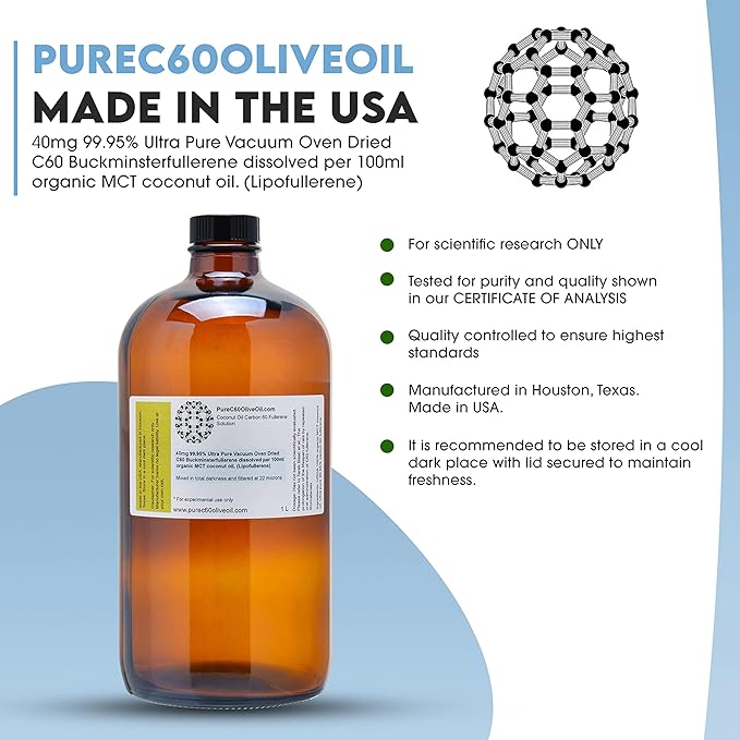 PureC60OliveOil C60 Organic MCT Coconut Oil 1L / 33.8 Fl Oz - 99.95% Carbon 60 Solvent Free 400mg - Amber Glass Bottle - Carbon 60 Coconut Oil - from The Leading Global Producer