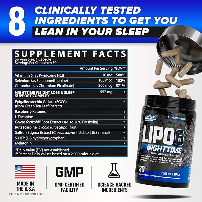 Nutrex Lipo 6 Nighttime Fat Burner | Melatonin Sleep Aid &amp Weight Loss Diet Pills for Men and Women | Night Time Metabolism Booster Appetite Suppressant | 30 Servings (1)