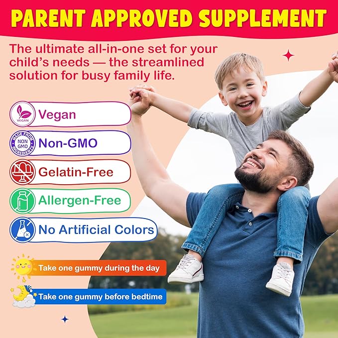 Kids Calcium Magnesium Supplement Gummies - Calcium Citrate 800mg with Magnesium Glycinate 200mg L-Theanine Vitamin D3 K2 &amp Omega-3 Multivitamin for Kids Day &amp Night Gummies - Vegan Sugar F