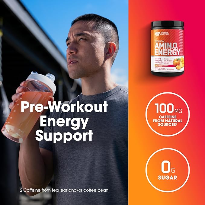 Optimum Nutrition New Flavor Amino Energy - Pre Workout with Green Tea BCAA Amino Acids Keto Friendly Green Coffee Extract Energy Powder - Peach Mango Tango 30 Servings (Packaging May Vary)