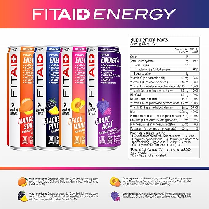 LIFEAID FITAID Energy Drink 200mg Natural Caffeine Keto 15 Calories Variety Pack BCAAs Quercetin Electrolytes Omega-3s Paleo Vegan &amp Gluten-Free 12-oz. cans (Pack of 24)