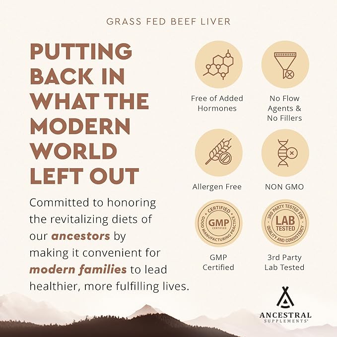 Ancestral Supplements Grass Fed Beef Liver 180 Capsules Supports Energy Production Detoxification Digestion Immunity and Full Body Wellness Non-GMO Freeze Dried Liver Health Supplement