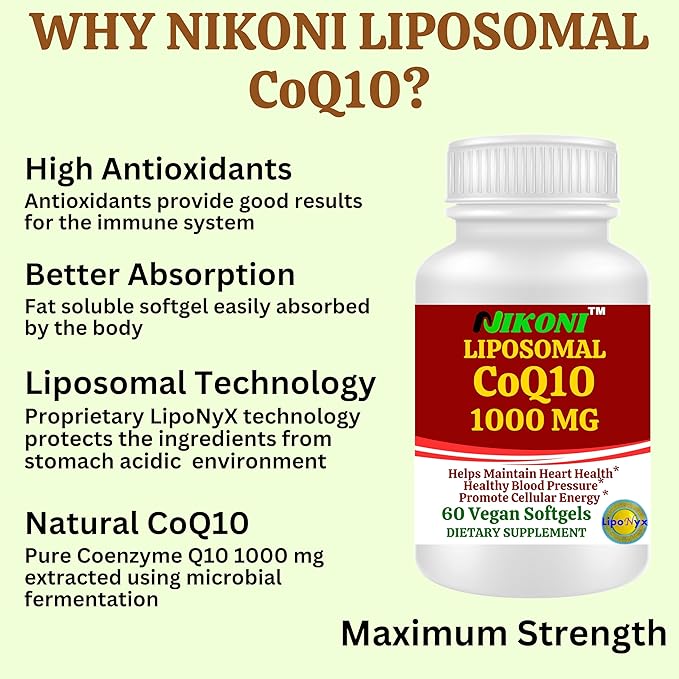 Nikoni Liposomal CoQ10 1000mg Vegan Softgel Higher Absorption Supports Heart Brain &amp Energy One Vegan Softgel/Serving 60 Days Supply