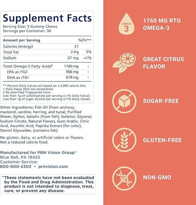 Omega 3 Gummy Chewables - 90 Gel Chews 30-Day Supply Citrus Flavor - 1760mg Ultra-Pure rTG Omega 3 for Eye Heart Brain Joint &amp Immune Health
