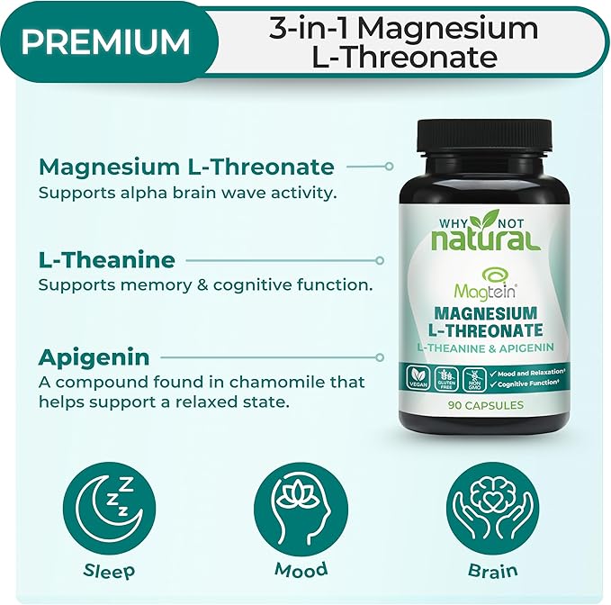 Magnesium L-Threonate Complex with Apigenin and L-theanine 90 Capsules Patented Magtein Supplement