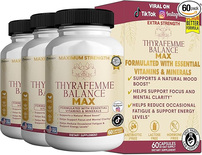 Thyrafemme Balance Max Mood and Energy Support Supplement 60 Capsules 30-Day Supply with B-Complex Vitamins (3)