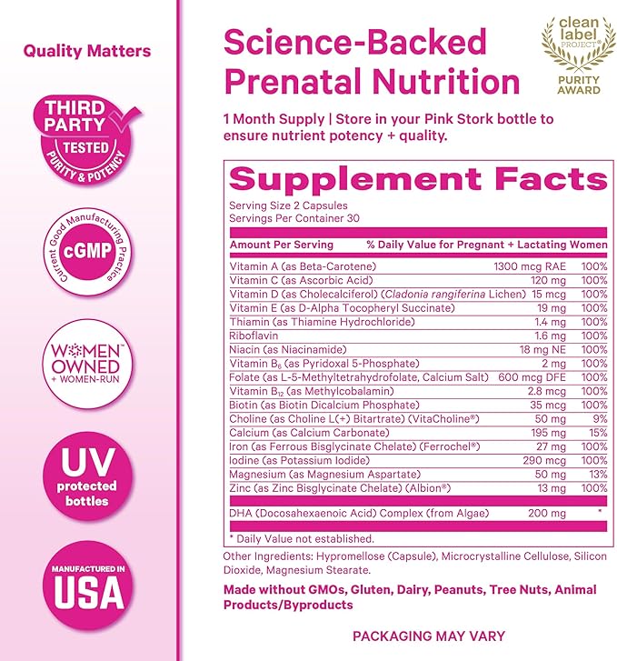 Pink Stork Total Prenatal Vitamins for Women | DHA Folate Iron Choline &amp Vitamin B12 | Preconception Nutrition | Prenatals for Women Pregnancy Essentials | Doctor Formulated 60 Count Mint