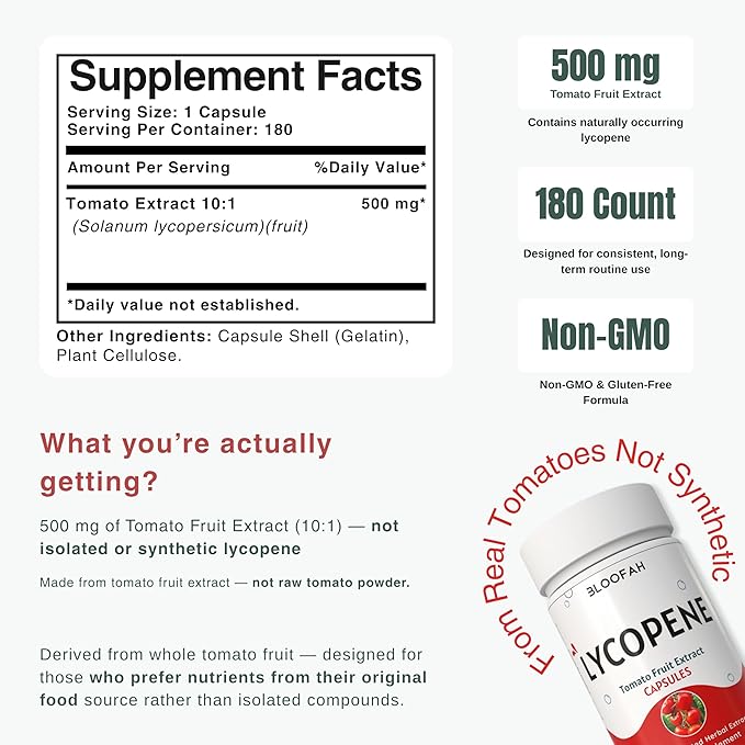 Lycopene Tomato Extract 500mg Capsules | Natural Lycopene Rich Herbal Supplement | Naturally-Occurring Carotenoid | 100% Pure Non-GMO &amp Gluten Free Formula - 180 Count