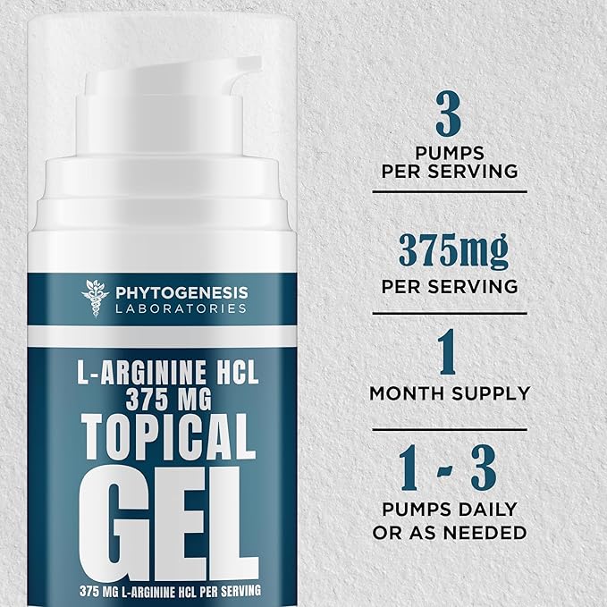 L-Arginine HCL 375mg Gel - Topical Nitric Oxide Support for Circulation &amp Performance - Advanced High Absorption Transdermal Formula - 375mg L-Arginine HCL per Serving