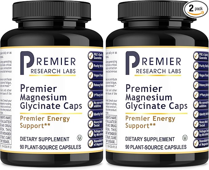 Premier Research Labs Magnesium Glycinate Supplement - Pure Magnesium High Absorption Supports Sleep Quality Chelated Vegan Third Party Tested Premier Energy Support - 90 Capsules (Pack of 2)