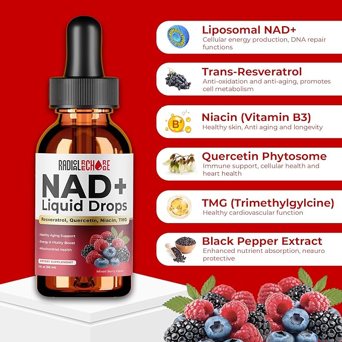 NAD+ Liquid Drops – with Resveratrol Quercetin Niacin &amp TMG – 10-in-1 Nutrient Support Formula for Cellular Energy &amp Wellness – Mixed Berry Flavor – 2 fl oz