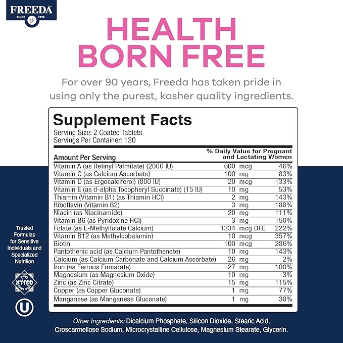 FREEDA Mini Prenatal Vitamin - Kosher Prenatals -Tiny Easy to Swallow Tablets - Prenatal Vitamins with Iron Prenatal Folic Acid/Folate Vitamin D - Pre Natal Multivitamin for Pregnant Women (240)