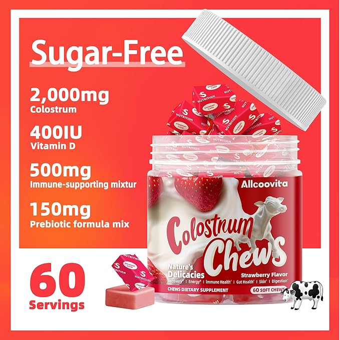 Bovine Colostrum Chews Supplement with probiotics for Gut Health Bloating Immune Support Skin Hair Growth and Beauty - Strawberry Flavor (60 Servings)