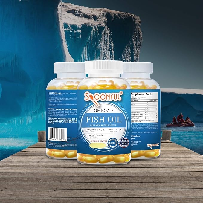 Spoonful Omega 3 Fish Oil Enteric Coated 2400mg 200 Capsules Burpless Rapid Release Softgel Capsules Made in USA NSF-Certified