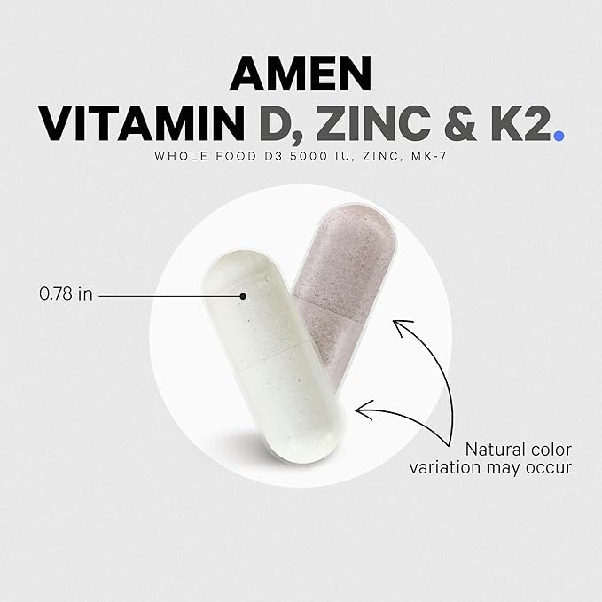 Amen Vitamin D K2 &amp Zinc Cholecalciferol D3 5000 IU Organic Whole Food Blend with Apple Blueberry Cranberry Elderberry Powder Fruits Vegan Supplement D3 K2 Vitamins Non-GMO - 60 Capsules