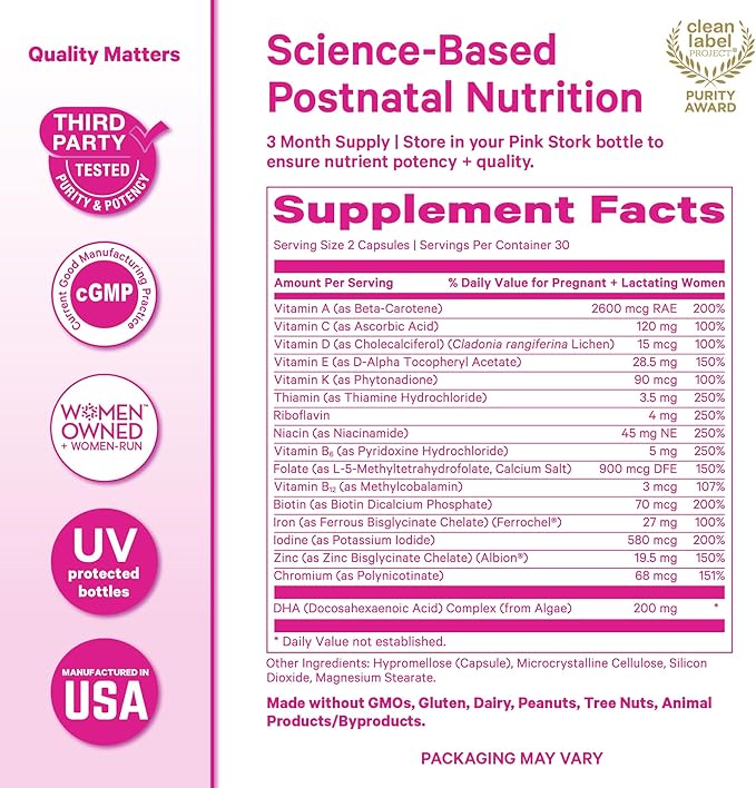 Pink Stork Total Postnatal Vitamins for Women with Vegan DHA Iron Folate and Vitamin B12 Postpartum Recovery Essentials Daily Supplement for Breastfeeding Moms - 3 Month Supply