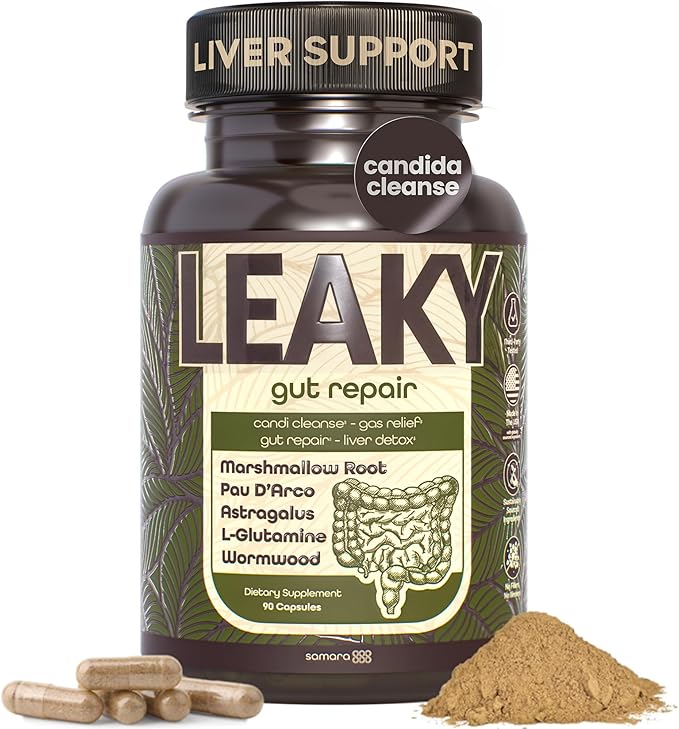 Samara 888 Leaky Gut Repair Supplement &amp Candida Support with Marshmallow Root Woormwood and PAU D'Arco - Liver Cleanse Detox &amp Repair - Supports Gas Relief for Adults - 90 Vegan Capsules