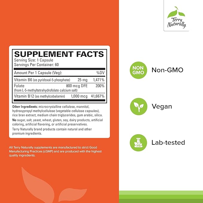Terry Naturally BioActive Vitamin B - Aid Heart Health with Bioactive B Vitamins - Supplement with Folate &amp Calcium - B Complex Vitamin to Aid Nervous System Function - 60 Capsules