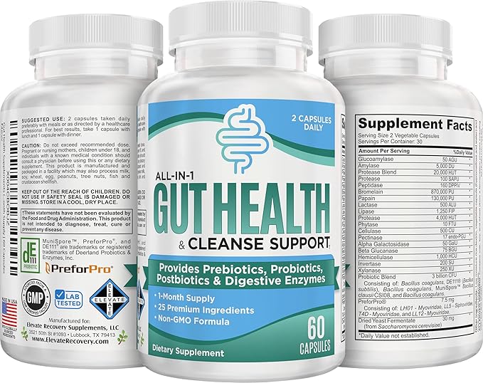 Gut Health Support Supplement (25-in-1) with Prebiotics Probiotics Postbiotics &amp Digestive Enzymes | Gut Supplements | 60 Capsules