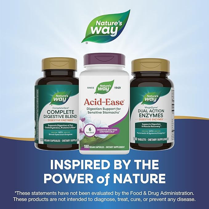 Nature's Way Acid Ease Digestive Support Supplement for Sensitive Stomachs* Marshmallow Root Extract Slippery Elm Bark Digestive Enzymes 180 Vegan Capsules (Packaging May Vary)