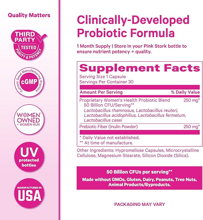 Pink Stork Women’s Health Probiotic 50 Billion CFU | Clinically Studied Probiotics | Vaginal Gut Mood &amp Hormone Balance | Yeast &amp Odor Support | Probiotic and Prebiotic Blend | 30 Vegan Ca