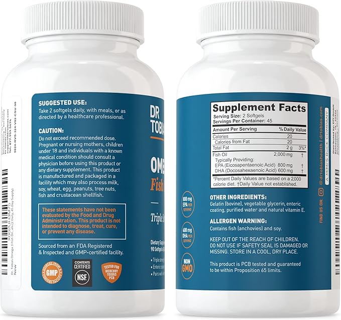 Dr. Tobias Omega 3 Fish Oil &amp Psyllium Daily Supplements for Heart Brain &amp Immune Support Healthy Bowel Movement Supports with Psyllium Husk Capsules