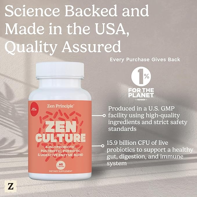 Zen Principle Zenculture™ – 4-in-1 Synbiotic Supplement (Probiotic + Prebiotic + Postbiotic + Digestive Enzymes) with CoreBiome®. Anti Bloating Immune &amp Brain-Gut Health. 60 Capsules