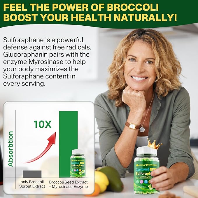 Liposomal Sulforaphane Supplement 150mg from Broccoli Seed Extract w/Myrosinase Quercetin Glutathione Sulforaphane Supplement Gummies for Antioxidants Detox Cellular Brain Health Chewable 120Cts