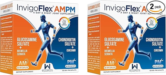 INVIGOFLEX Glucosamine &amp Chondroitin Sulfate - Turmeric Curcumin - Boswellia Serrata (Non GMO) 24 - Hour Premium Joint Supplement AMPM - 2 Pack