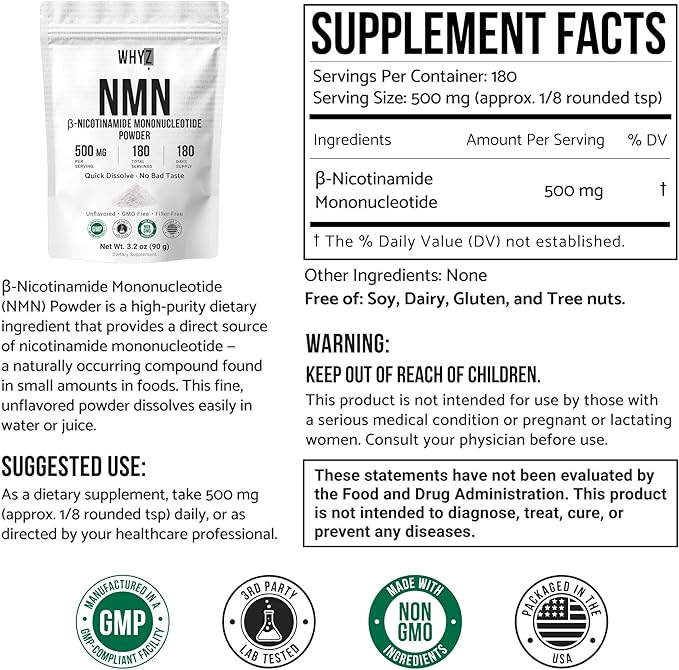 Pure NMN Powder Nicotinamide Mononucleotide Quick Dissolved NMN Supplement Powder 100% Unflavored NMN Supplement Supports NAD+ Levels Vegan Friendly Non-GMO 180 Servings 3.2 oz (90g)