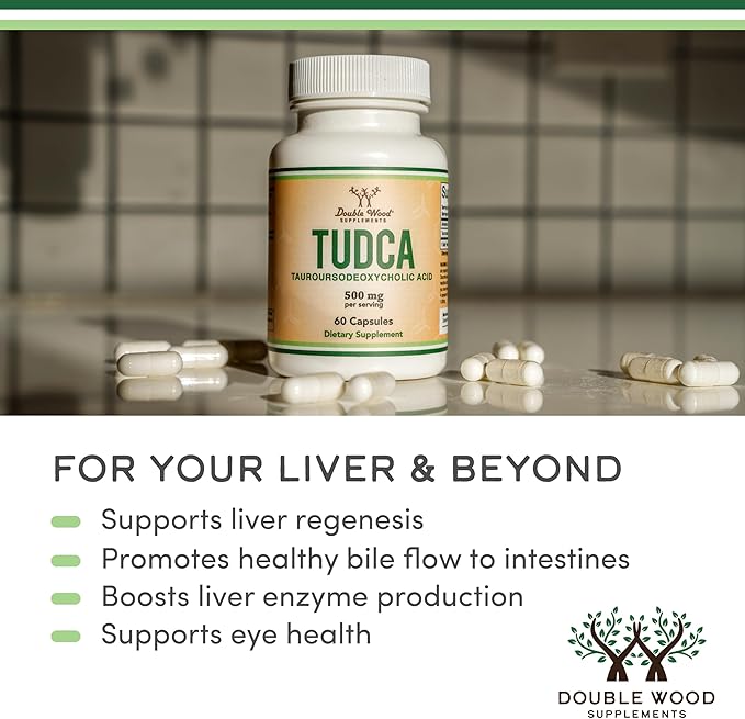 TUDCA Bile Salts Liver Support Supplement 500mg Servings Liver and Gallbladder Cleanse Supplement (60 Capsules 250mg) Genuine Bile Acid TUDCA with Strong Bitter Taste by Double Wood