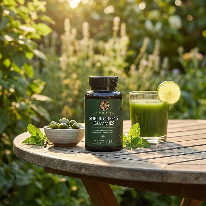 Terrana Super Greens Gummies - Daily Greens Supplement with Fruits Veggies Prebiotics &amp Antioxidants for Energy Digestion &amp Immunity - Vegan Non-GMO 60 Gummies
