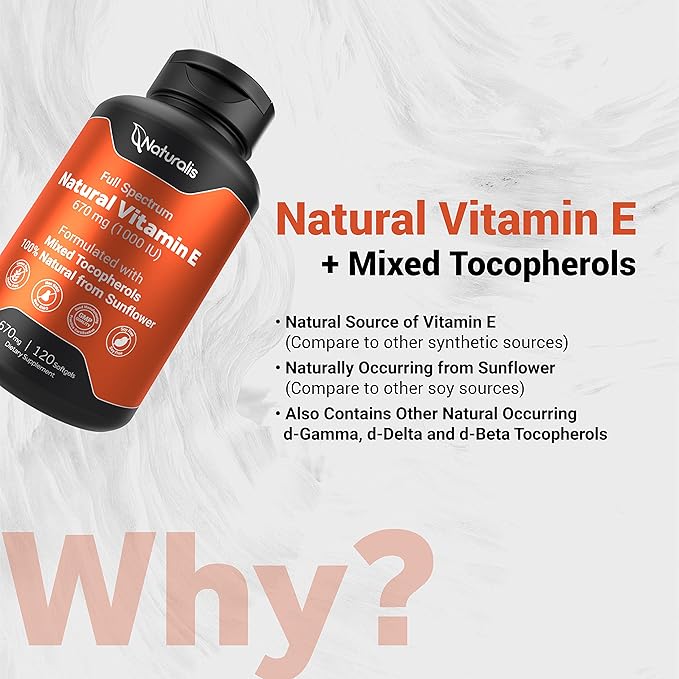Naturalis Sunflower Vitamin E 670mg (1000 IU) with Mixed Tocopherols | Essential Skin Vitamin &amp Immune Support | Non-GMO Soy &amp Gluten Free | 120 Softgels