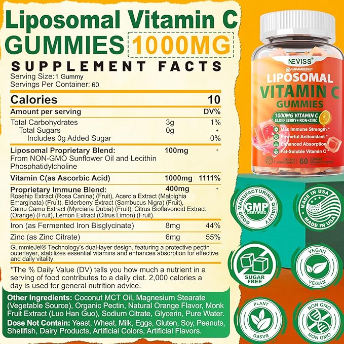 NEVISS 1Pack Liposomal Vitamin C 1000mg Gummies + 1Pack Lutein Zeaxanthin Supplements Gummies